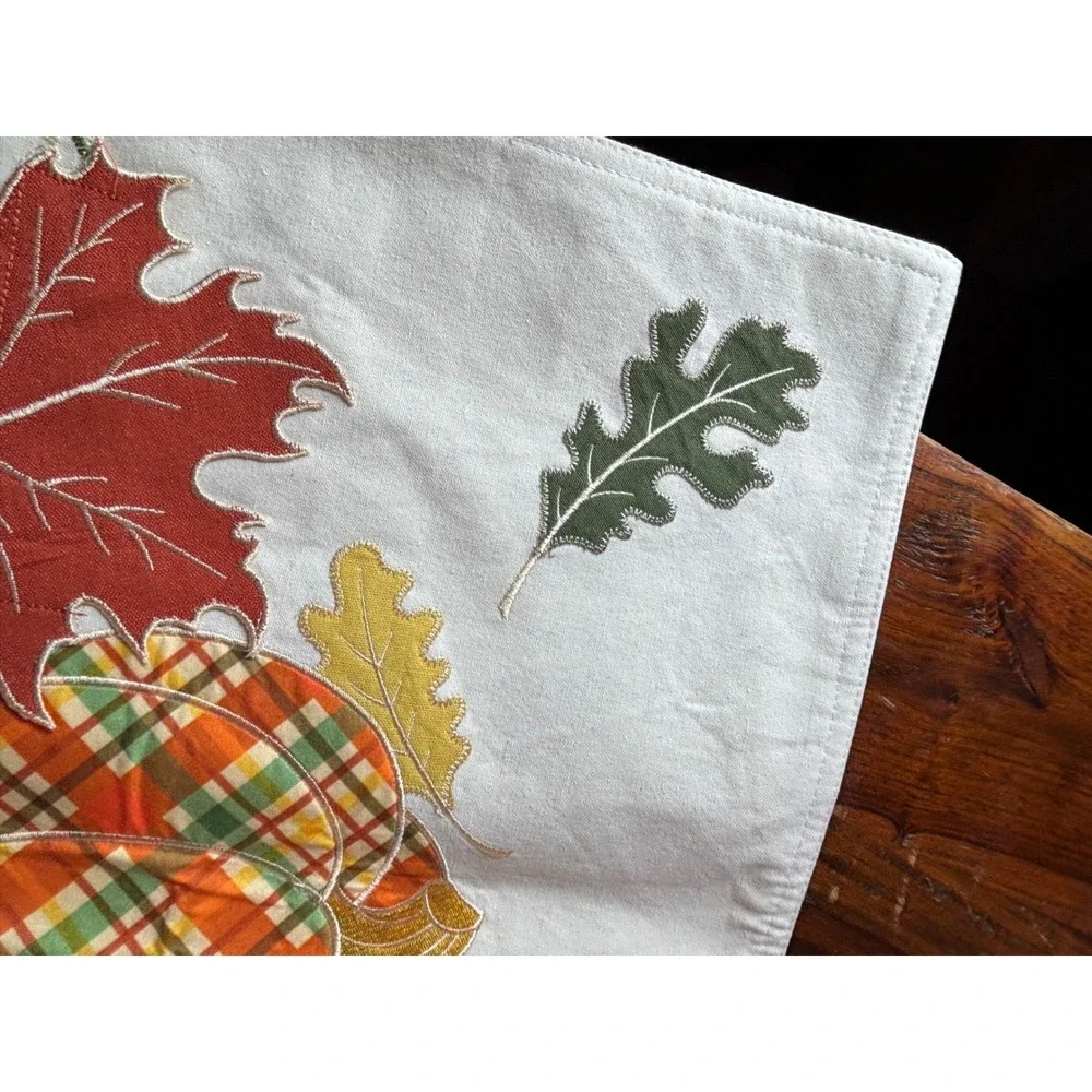 Harvest Plaid Pumpkin Embroidered Fall Placemats Set Cream Autumn Leaves K49328